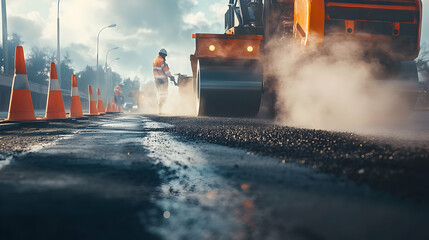 Road Construction: Asphalt Laying and Workers