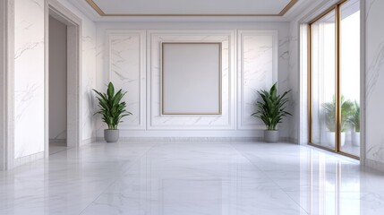 A spacious, minimalist room featuring white marble floors, elegant wall designs, and potted plants, creating a bright and airy atmosphere.