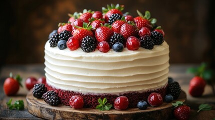 Berry-topped frosted cake.