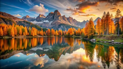 Fototapeta premium Stunning Autumn Sunset over Lake Federa, Dolomites Alps - Colorful Larch Trees & Majestic Mountains