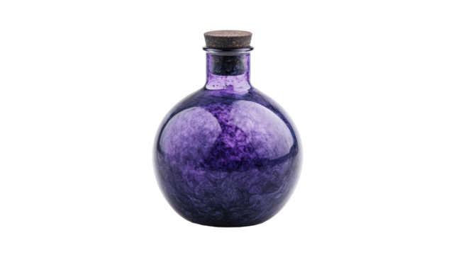 A round glass flask filled with vibrant purple liquid for laboratory use. transparent background
