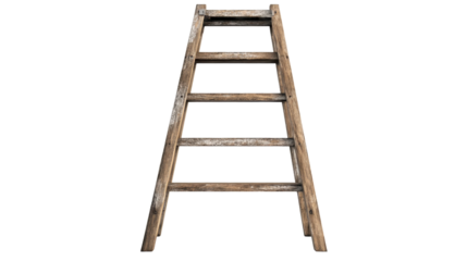 A rustic wooden ladder standing upright against a neutral background. transparent background