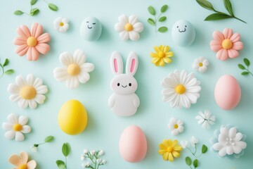 Colorful Easter decorations are arranged on a blue surface, showcasing various designs and styles for the festive season.