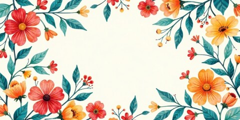 Obraz premium Vibrant watercolor floral border design featuring a delightful array of blossoms and foliage, perfect for invitations, cards, and decorative projects.