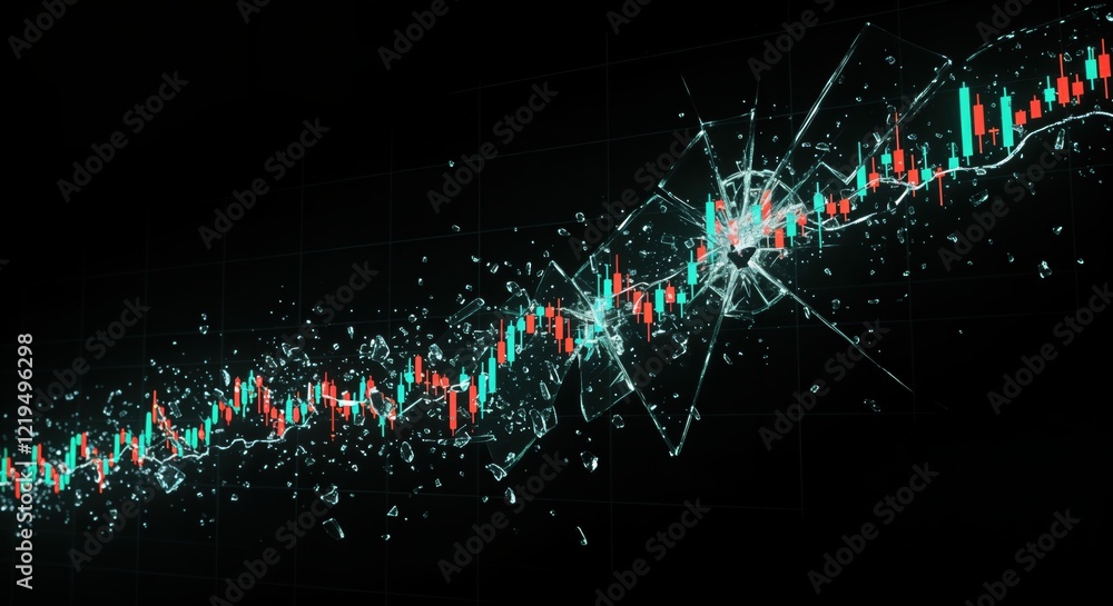 Poster exploding financial graph with shattered glass effect on black background