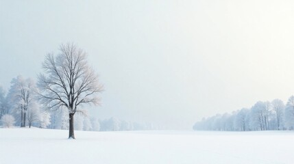 Fototapeta premium Serene Winter Landscape A Single Frost-Covered Tree Stands Alone in a Vast, Snow-Covered Field, Surrounded by a Line of Frozen Trees Under a Pale Sky