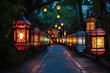 A lantern-lit path leading to a mosque