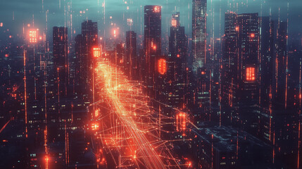 Fototapeta premium Smart digital Innovation city with connection network reciprocity over the twilight cityscape. of future smart wireless digital city and social media networking systems that connects people with city 