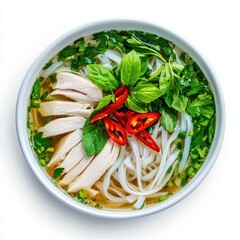A bowl of pho with chicken and fresh herbs, isolated on white