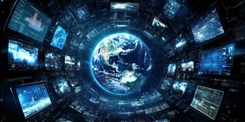 A digital representation of Earth surrounded by data screens, symbolizing technology and connectivity.
