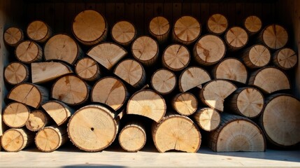 Fototapeta premium A carefully stacked arrangement of neatly cut wooden logs, showcasing the natural grain and texture of the wood, exhibiting a warm, inviting ambiance, perfect for rustic-themed designs and projects
