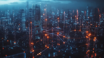 Obraz premium Smart digital Innovation city with connection network reciprocity over the twilight cityscape. of future smart wireless digital city and social media networking systems that connects people with city 