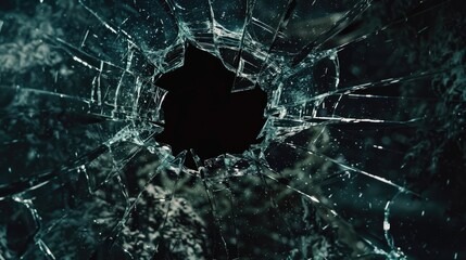 Background with broken glass with circular hole and radial cracks pattern close-up