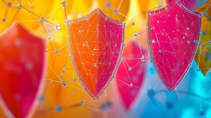 Vibrant abstract rendering of consumer trust showcasing symbolic shields interconnected dots representing security reliability and consumer confidence in products or services