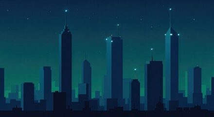 Fototapeta premium Futuristic urban skyline at night with illuminated skyscrapers and stars