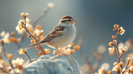 Fototapeta premium A sparrow perched on a stone wall