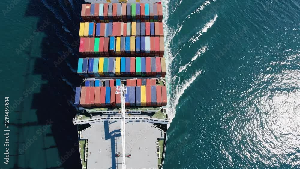 Poster majestic cargo ship navigating the open sea, showcasing colorful containers stacked high on its deck
