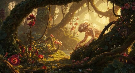 Obraz premium Enchanted forest with mystical creature and vibrant flora