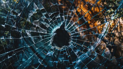 Background with broken glass with circular hole and radial cracks pattern close-up