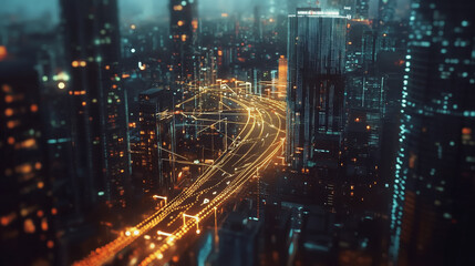 Obraz premium Smart digital Innovation city with connection network reciprocity over the twilight cityscape. of future smart wireless digital city and social media networking systems that connects people with city 