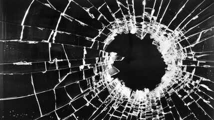 Background with broken glass with circular hole and radial cracks pattern close-up