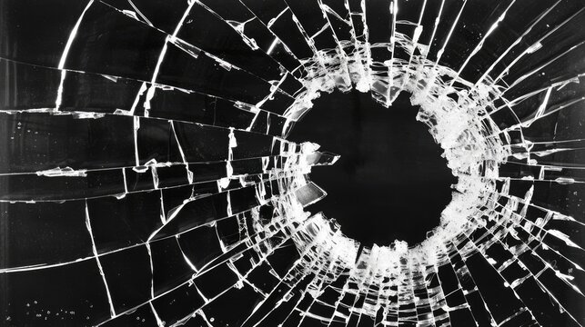 Background with broken glass with circular hole and radial cracks pattern close-up