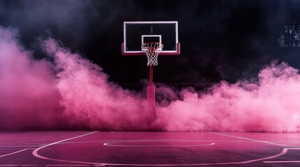Dynamic Basketball Court with Pink Smoke and Hoop at Night