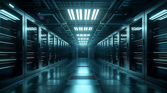 A large, empty high-tech server room with rows of servers glowing in the dark
