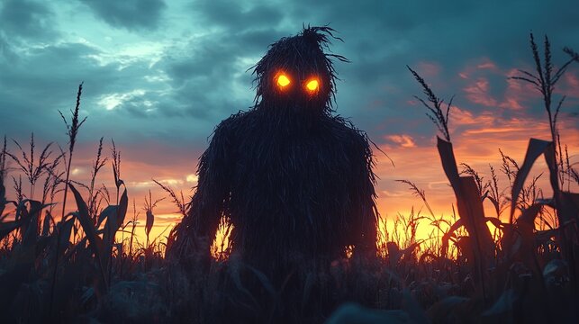 Evil scarecrow with glowing eyes in a cornfield at dusk, intense and ominous  