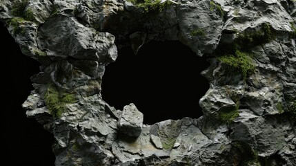 Background with dark natural cave entrance or a hole in black rocky formation with moss details and dramatic shadows