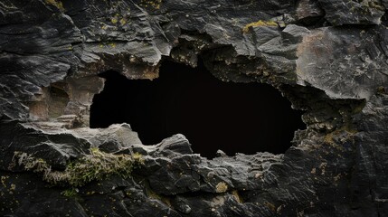 Background with dark natural cave entrance or a hole in black rocky formation with moss details and dramatic shadows