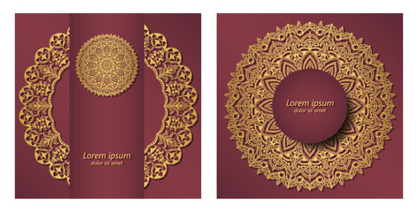 Golden mandala ornament on a burgundy background. Square background with luxurious ethnic ornament. Possible design of invitation, postcards, packaging