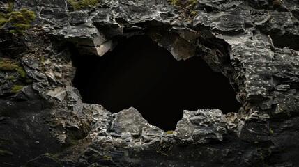 Background with dark natural cave entrance or a hole in black rocky formation with moss details and dramatic shadows