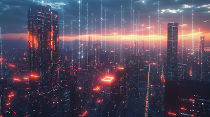 Fototapeta premium Smart digital Innovation city with connection network reciprocity over the twilight cityscape. of future smart wireless digital city and social media networking systems that connects people with city 