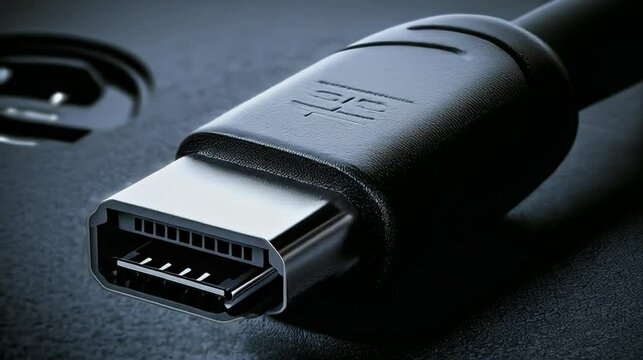 Close-up DVI cable connection, dark background, technology