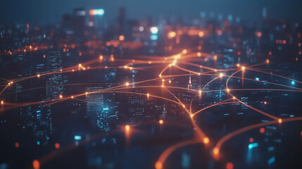 Smart digital Innovation city with connection network reciprocity over the twilight cityscape. of future smart wireless digital city and social media networking systems that connects people with city
