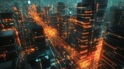 Smart digital Innovation city with connection network reciprocity over the twilight cityscape. of future smart wireless digital city and social media networking systems that connects people with city

