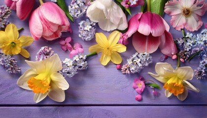 A stunning array of mixed spring flowers fills the space, featuring pink tulips, yellow daffodils, and delicate white blossoms. This colorful carpet evokes a sense of cheerful awakening