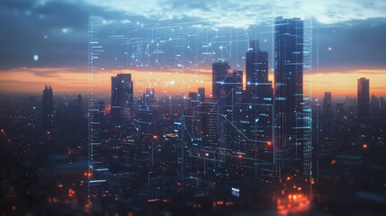 Fototapeta premium Smart digital Innovation city with connection network reciprocity over the twilight cityscape. of future smart wireless digital city and social media networking systems that connects people with city 