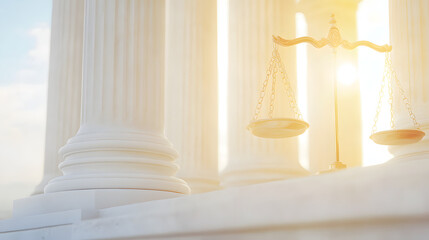 A close-up of legal scales balanced on the steps of a courthouse, symbolizing justice, fairness, and the legal system in a modern civic setting. 