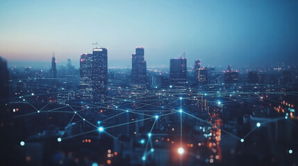 Smart digital Innovation city with connection network reciprocity over the twilight cityscape. of future smart wireless digital city and social media networking systems that connects people with city
