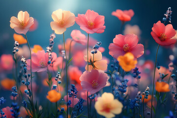 Fototapeta premium Vibrant Pink and Orange Flowers Bloom in a Field