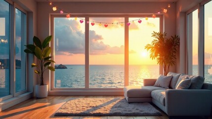 Serene Coastal Sunset View from a Cozy Living Room with Heart-Shaped String Lights