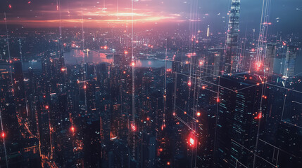 Obraz premium Smart digital Innovation city with connection network reciprocity over the twilight cityscape. of future smart wireless digital city and social media networking systems that connects people with city 