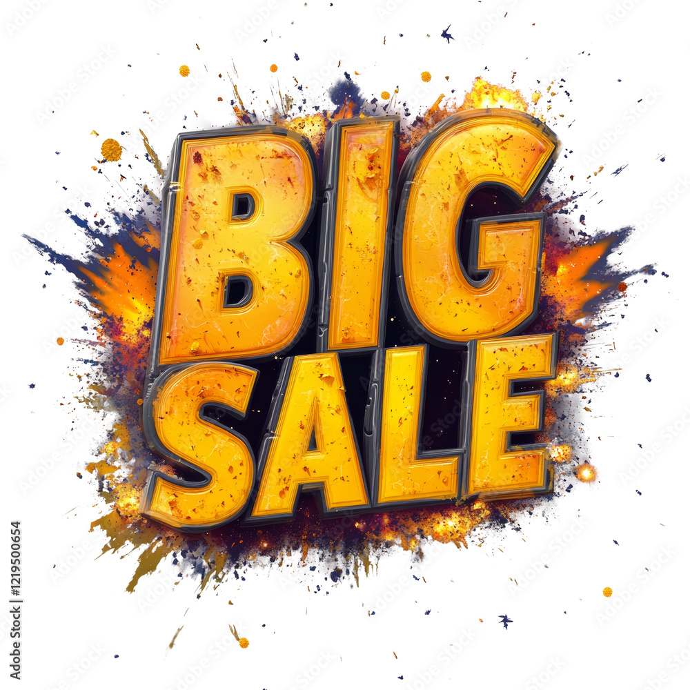 Poster a vibrant image showcasing a big sale announcement with an explosive design and distressed, fiery ye