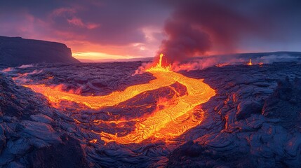 Fiery lava flows at sunset, volcanic landscape.