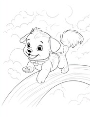 Fototapeta premium Puppy walking rainbow, clouds background, children's coloring page