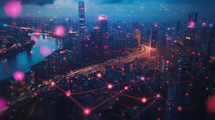 Obraz premium Smart digital Innovation city with connection network reciprocity over the twilight cityscape. of future smart wireless digital city and social media networking systems that connects people with city 