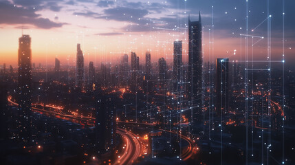 Fototapeta premium Smart digital Innovation city with connection network reciprocity over the twilight cityscape. of future smart wireless digital city and social media networking systems that connects people with city 