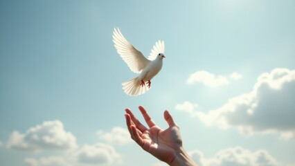 Bright daylight reveals a white dove released by a gentle hand on International Women’s Day, signifying renewed hope, unity, and the unshakable will of compassionate leaders.